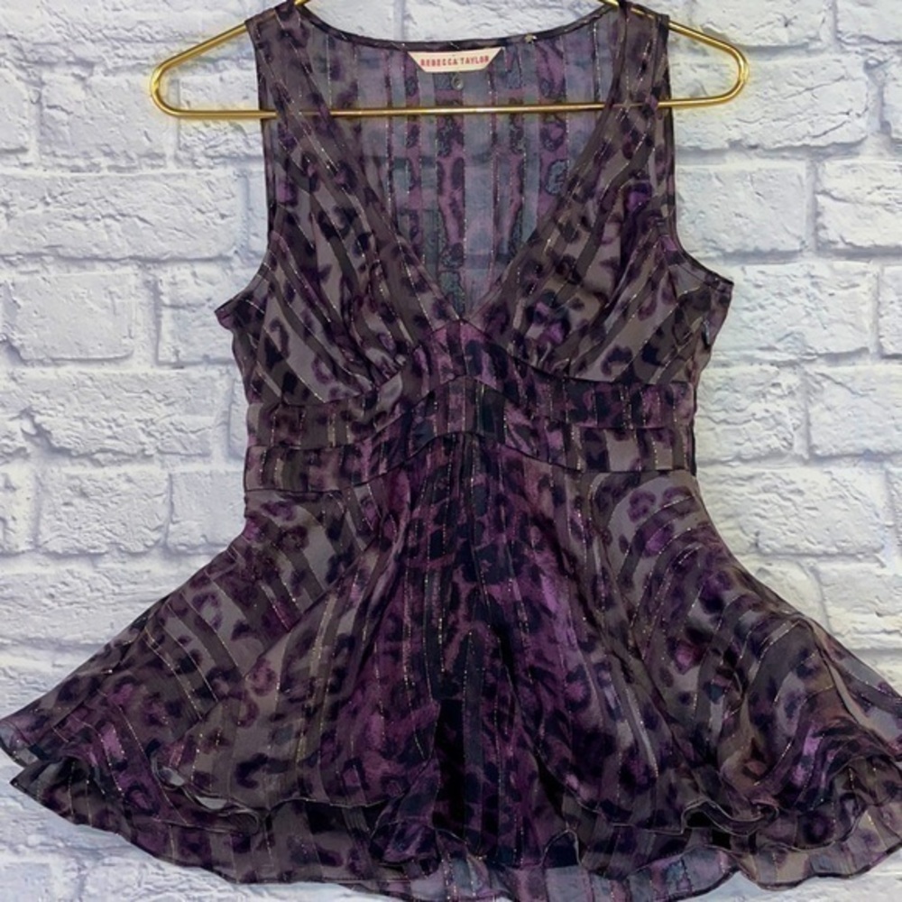 Rebecca Taylor Purple Leopard Print Chiffon Metallic Stripe Peplum Top Blouse